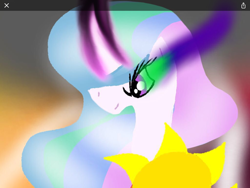 Size: 720x540 | Tagged: safe, artist:bloom424, princess celestia, alicorn, pony, blended background, colored horn, curved horn, dark magic, female, glowing horn, horn, magic, mare, solo, sombra eyes, sombra horn, sun, wattpad