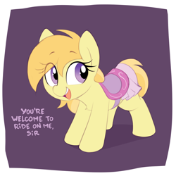 Size: 1464x1464 | Tagged: source needed, safe, artist:shinodage, noi, earth pony, pony, abstract background, chest fluff, clothes, dialogue, eye clipping through hair, female, filly, open mouth, purple eyes, saddle, smiling, solo, standing, yellow coat