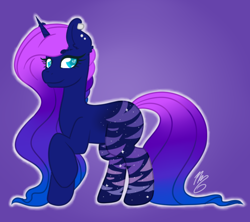 Size: 536x476 | Tagged: safe, artist:nate-doodles, oc, oc only, oc:midnight rose, pony, unicorn, ear piercing, female, gradient mane, gradient tail, horn, mare, piercing, raised hoof, solo