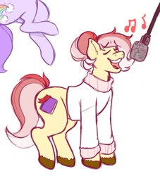 Size: 1005x1105 | Tagged: safe, artist:toomywoo, oc, oc only, oc:red rose, earth pony, pegasus, pony, clothes, eyes closed, female, hooves, mare, microphone, music notes, open mouth, simple background, singing, solo focus, sweater, turtleneck, white background