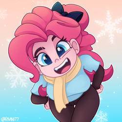 Size: 2500x2500 | Tagged: safe, artist:rivin177, derpibooru import, pinkie pie, equestria girls, blue eyes, bowtie, cartoon, clothes, open mouth, photo, pink hair, pinkie being pinkie, ponk, scarf, snow, snowflake, solo, thick, winter, winter outfit