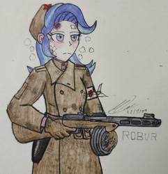 Size: 2891x3000 | Tagged: safe, artist:php71, derpibooru import, starlight glimmer, equestria girls, bandage, clothes, colored, female, gun, high res, injured, military, pale color, ppsh-41, solo, soviet union, stalingrad, submachinegun, traditional art, uniform, weapon, winter, world war ii