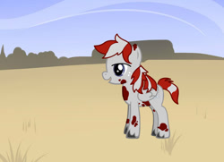 Size: 900x650 | Tagged: safe, artist:urmi charpstin, derpibooru import, oc, oc:lightning_cloud, pegasus, pony, fallout equestria, fanfic:fallout equestria: lightning strikes twice, pony creator, colt, cutie mark, fallout, freckles, gray coat, male, pattern, red spots, solo, two toned mane, two toned tail, wasteland