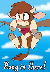 Size: 2849x4096 | Tagged: safe, artist:mrneo, derpibooru import, arizona cow, cow, them's fightin' herds, bandana, cloven hooves, hang in there, hanging, neckerchief, solo, tree branch, underhoof