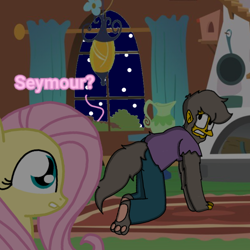 Size: 768x768 | Tagged: safe, artist:haileykitty69, derpibooru import, fluttershy, human, pegasus, pony, werewolf, detailed background, dialogue, female, fireplace, fluttermour, looking back, mare, my little pony, pink mane, seymour skinner, the simpsons, yellow coat