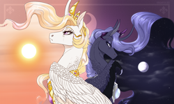 Size: 2000x1200 | Tagged: safe, artist:dementra369, derpibooru import, princess celestia, princess luna, alicorn, pony, bust, curved horn, duo, ethereal mane, fangs, female, horn, moon, royal sisters, siblings, sisters, sun