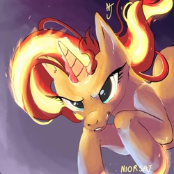 Size: 2000x2000 | Tagged: safe, artist:niorsaj, derpibooru import, sunset shimmer, pony, unicorn, angry, female, fiery shimmer, fire, mane of fire, mare, scary, serious, serious face, signature, solo, this will end in pain