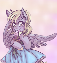 Size: 1077x1189 | Tagged: safe, artist:mimiporcellini, derpibooru import, derpy hooves, pegasus, pony, blushing, clothes, dress, looking at you, smiling, smiling at you, spread wings, wings