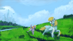 Size: 4550x2560 | Tagged: safe, artist:terrafomer, derpibooru import, crackle pop, derpy hooves, pegasus, pony, absurd resolution, bandage, city, cityscape, cloud, derp, duo, female, field, filly, mare, signature, sky, stroll