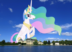 Size: 2503x1797 | Tagged: safe, artist:90sigma, artist:ykaiavu, derpibooru import, editor:jaredking203, princess celestia, alicorn, pony, castle, crown, female, giant alicorn, giant pony, giantess, giantlestia, highrise ponies, irl, jewelry, macro, mare, mega giant, photo, ponies in real life, regalia, story included, sweden