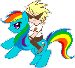 Size: 972x888 | Tagged: artist needed, safe, artist:diamondwolfq, derpibooru import, rainbow dash, human, pegasus, pony, :i, crossover, dirk strider, duo, female, homestuck, humans riding ponies, looking at you, male, manepxls, mare, pixel art, pxls.space, rearing, riding, side view, simple background, smiling, sunglasses, transparent background
