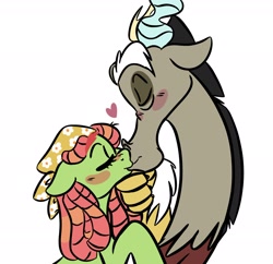 Size: 2048x1985 | Tagged: safe, artist:chaotic_hazel, artist:thechaoticboop, derpibooru import, discord, tree hugger, draconequus, earth pony, pony, blushing, ears, eyes closed, female, floppy ears, heart, kissing, male, mare, shipping, simple background, straight, treecord, white background