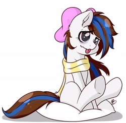 Size: 3504x3426 | Tagged: safe, artist:nate-doodles, oc, oc only, oc:breezy, earth pony, pony, bloodshot eyes, bow, clothes, drug use, female, intoxicated, mare, pillow, scarf, simple background, sitting, solo, tongue out, white background