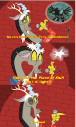 Size: 2019x3382 | Tagged: safe, derpibooru import, edit, edited screencap, screencap, discord, pony of shadows, stygian, alicorn, draconequus, pony, make new friends but keep discord, shadow play, antagonist, caption, clothes, comedian, comic, discord being discord, eddie murphy, flash of light, grand galloping gala, grin, image macro, jacket, leather jacket, looking at you, male, microphone, one eye closed, open mouth, pointing, raised eyebrow, screencap comic, smiling, spotlight, swearing, take that, text, vulgar, wink, winking at you