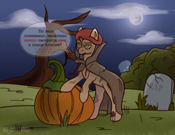 Size: 2200x1700 | Tagged: safe, artist:buy_some_apples, derpibooru import, oc, oc only, ghost, ghost pony, ghoul, undead, broken horn, bush, cloak, clothes, cloud, cloudy, costume, cyrillic, halloween, halloween costume, holiday, horn, mare in the moon, moon, pumpkin, rest in peace, tree