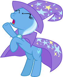 Size: 3000x3670 | Tagged: safe, artist:jeatz-axl, derpibooru import, trixie, pony, unicorn, bipedal, cape, clothes, eyes closed, female, hat, mare, open mouth, panic, raised hoof, simple background, solo, transparent background, trixie's cape, trixie's hat, vector