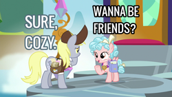 Size: 1920x1080 | Tagged: safe, derpibooru import, edit, edited screencap, screencap, cozy glow, derpy hooves, pegasus, pony, school raze, wanna be friends?