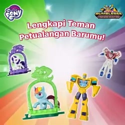 Size: 320x320 | Tagged: safe, derpibooru import, rainbow dash, rarity, pegasus, pony, unicorn, bumblebee, commercial, indonesian, mcdonald's happy meal toys, my little pony logo, official, optimus prime, toy, transformers