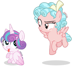 Size: 3531x3220 | Tagged: safe, artist:cirillaq, derpibooru import, cozy glow, princess flurry heart, alicorn, pegasus, pony, diaperless edit, duo, duo female, female, high res, naked flurry heart, simple background, tongue out, transparent background, vector