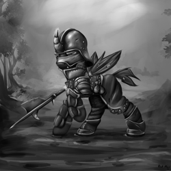 Size: 2000x2000 | Tagged: safe, artist:richmay, derpibooru import, oc, oc only, changeling, equestria at war mod, armor, chainmail, changeling oc, grayscale, halberd, helmet, landsknecht, male, medieval, monochrome, sallet, soldier, solo, weapon, wings