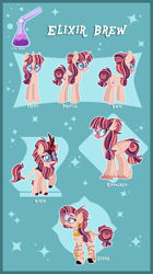 Size: 2683x4803 | Tagged: safe, artist:happy-go-creative, derpibooru import, oc, oc:elixir brew, hippogriff, kirin, pony, unicorn, zebra, glasses, hippogriffied, horn, kirin-ified, reference sheet, species swap, unicorn oc, zebrafied