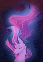 Size: 1448x2048 | Tagged: safe, artist:lunathemoongod, derpibooru import, princess twilight 2.0, twilight sparkle, twilight sparkle (alicorn), alicorn, pony, the last problem, curved horn, ethereal mane, eyes closed, fabulous, glowing mane, horn, long mane, older, older twilight, simple background, solo, starry mane, stars