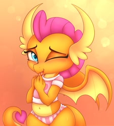 Size: 1843x2048 | Tagged: safe, artist:heavymetalbronyyeah, derpibooru import, smolder, dragon, belly button, clothes, cute, cute little fangs, dragoness, fangs, female, looking at you, one eye closed, panties, shirt, smiling, smolderbetes, solo, striped underwear, tongue out, underwear