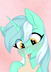 Size: 2894x4093 | Tagged: safe, artist:chickenbrony, derpibooru import, lyra heartstrings, pony, unicorn, blushing, boop, cute, finger, hand, licking, lyrabetes, solo, starry eyes, tongue out, wingding eyes