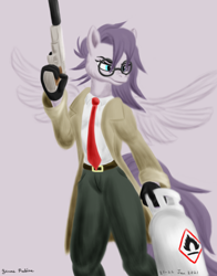 Size: 1100x1400 | Tagged: safe, artist:rockhoppr3, derpibooru import, oc, oc:vylet, anthro, pegasus, clothes, gas tank, glasses, gun, hitman, necktie, propane, solo, spread wings, suit, weapon, wings