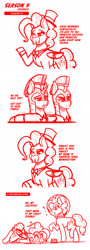 Size: 800x2223 | Tagged: safe, artist:jcosneverexisted, derpibooru import, pinkie pie, surprise, earth pony, pony, season 9 doodles, sparkle's seven, clothes, dialogue, facial hair, female, fishbowl, male, moustache, royal guard, simpsons did it, text, the simpsons