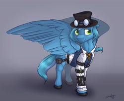 Size: 3280x2684 | Tagged: safe, artist:safizejaart, derpibooru import, oc, oc only, oc:thinker blue, pegasus, clothes, hat, pegasus oc, simple background, smiling, steampunk, wings