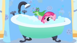 Size: 1005x565 | Tagged: artist needed, source needed, safe, derpibooru import, gummy, pinkie pie, earth pony, pony, bath, bathtub, bubble, cute, diapinkes, pinkamena diane pie, shower curtain