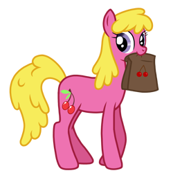 Size: 768x768 | Tagged: safe, artist:tangerinetwime, derpibooru import, cherry berry, earth pony, pony, .ai available, .svg available, bag, cherry, cutie mark, female, food, fruit, mare, mouth hold, redraw, sign, simple background, solo, svg, transparent background, vector