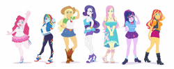 Size: 4132x1637 | Tagged: safe, alternate version, artist:brother-tico, derpibooru import, applejack, fluttershy, pinkie pie, rainbow dash, rarity, sci-twi, sunset shimmer, twilight sparkle, equestria girls, applejacked, breasts, busty sci-twi, chubbie pie, chubby, diverse body types, flexing, glasses, hootershy, humane five, humane seven, humane six, line-up, magical geodes, muscles, nail polish, one eye closed, pinkie pies, pose, rarity peplum dress, sunset jiggler, toenail polish, wink