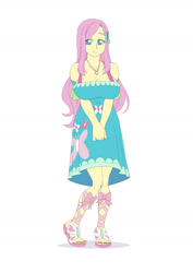 Size: 1157x1637 | Tagged: safe, artist:brother-tico, derpibooru import, part of a set, fluttershy, equestria girls, big breasts, breasts, clothes, dress, geode of fauna, hands together, hootershy, magical geodes, sandals, smiling, solo