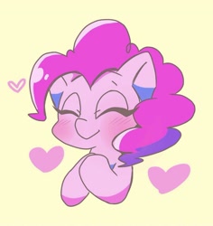 Size: 1158x1227 | Tagged: safe, artist:asg, derpibooru import, pinkie pie, earth pony, pony, blushing, bust, cute, diapinkes, eyes closed, heart, hooves to the chest, simple background, solo, yellow background