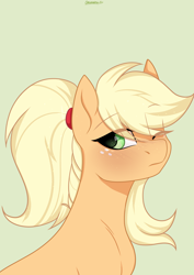 Size: 2894x4093 | Tagged: safe, artist:chickenbrony, derpibooru import, applejack, earth pony, pony, alternate hairstyle, blushing, female, freckles, green background, looking at you, looking back, looking back at you, mare, one eye closed, ponytail, simple background, solo