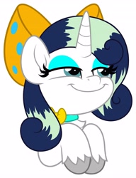 Size: 3151x4096 | Tagged: safe, artist:jhayarr23, oc, oc only, oc:deeep dope, pony, unicorn, bow, chest fluff, choker, commission, eyeshadow, female, horn, lidded eyes, makeup, mare, simple background, smiling, smirk, smug, solo, white background, ych result