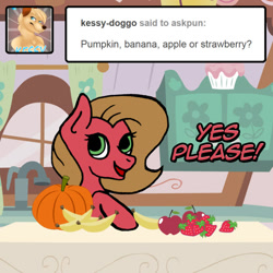 Size: 700x700 | Tagged: safe, artist:ariah101, derpibooru import, oc, oc:pun, pony, apple, ask, ask pun, banana, food, pumpkin, strawberry, yes