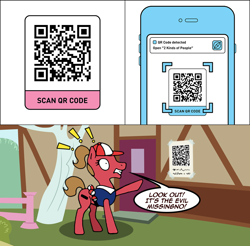 Size: 900x886 | Tagged: safe, artist:ariah101, derpibooru import, oc, oc:pun, earth pony, pony, ask, ask pun, pokéball, pokémon, qr code, solo