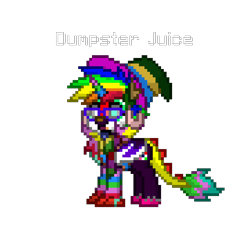 Size: 815x815 | Tagged: safe, artist:apexsoundwave, derpibooru import, oc, oc only, oc:dumpster juice, hybrid, pony, glasses, hat, joke oc, multicolored hair, pixel art, pony town, rainbow hair, simple background, solo, stylistic suck, transparent background