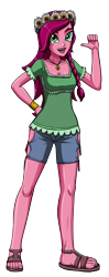 Size: 1184x3000 | Tagged: safe, artist:artemis-polara, derpibooru import, gloriosa daisy, equestria girls, legend of everfree, bracelet, breasts, cleavage, clothes, feet, jewelry, necklace, open mouth, pointing at self, sandals, shirt, shorts, simple background, smiling, solo, toes, transparent background