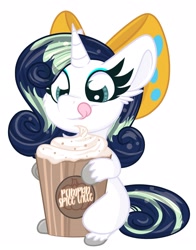 Size: 1650x2100 | Tagged: safe, artist:littleblackraencloud, oc, oc only, oc:deeep dope, pony, unicorn, bow, coffee, commission, eyeshadow, female, food, horn, latte, licking, licking lips, makeup, mare, pumpkin spice, pumpkin spice latte, simple background, solo, tongue out, white background, ych result