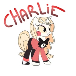 Size: 1080x1080 | Tagged: safe, artist:lorelaifanart, derpibooru import, pony, unicorn, base used, bowtie, charlie magne, clothes, eyelashes, female, grin, hazbin hotel, mare, ponified, simple background, smiling, solo, white background