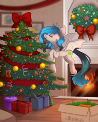 Size: 2584x3210 | Tagged: safe, artist:sugarstar, derpibooru import, oc, oc only, oc:laymy lime, bat pony, pony, absurd resolution, christmas, christmas stocking, christmas tree, detailed background, female, fireplace, gift wrapped, holiday, kitchen, mare, present, smiling, solo, tree, wings, wreath
