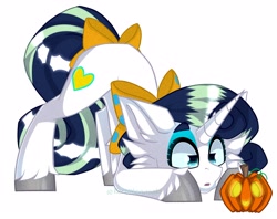 Size: 3941x3121 | Tagged: safe, artist:rozysweettempest, oc, oc only, oc:deeep dope, pony, unicorn, bow, eyeshadow, face down ass up, female, halloween, holiday, horn, jack-o-lantern, makeup, mare, pumpkin, simple background, solo, tail bow, watermark, white background