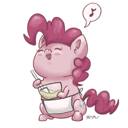 Size: 1280x1280 | Tagged: safe, artist:catscratchpaper, derpibooru import, part of a set, pinkie pie, earth pony, pony, baking, beady eyes, chibi, cute, diapinkes, eyes closed, open mouth, simple background, singing, sitting, solo, transparent background