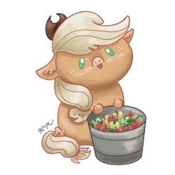 Size: 1280x1280 | Tagged: safe, artist:catscratchpaper, derpibooru import, part of a set, applejack, earth pony, pony, apple, beady eyes, bucket, chibi, cute, food, jackabetes, simple background, sitting, solo, transparent background