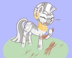 Size: 2112x1689 | Tagged: safe, artist:coffeeponee, derpibooru import, zecora, ear piercing, eating, eyes closed, happy, neck rings, piercing, raised hoof, stick