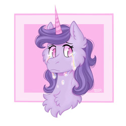 Size: 1080x1080 | Tagged: safe, artist:wezzily, derpibooru import, oc, oc only, pony, unicorn, abstract background, bust, cheek fluff, chest fluff, crying, ear fluff, ears, eyelashes, fluffy, horn, solo, unicorn oc